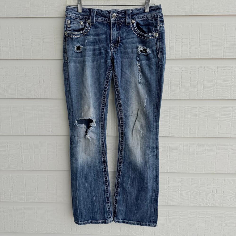 Miss Me 29 Embellished Boot Cut Jeans Distressed Rhinestone Flap Pocket Y2K